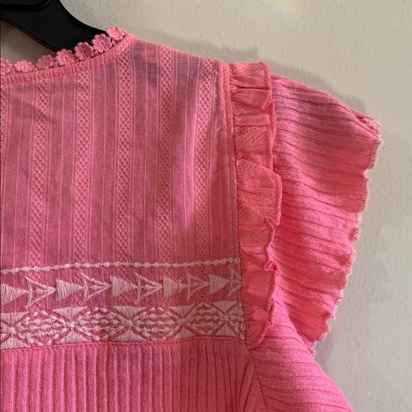 FREE PEOPLE Sarafina Embroidered Ruffle Sleeve Top NWT Pink Lemonade Combo - Picture 9 of 12
